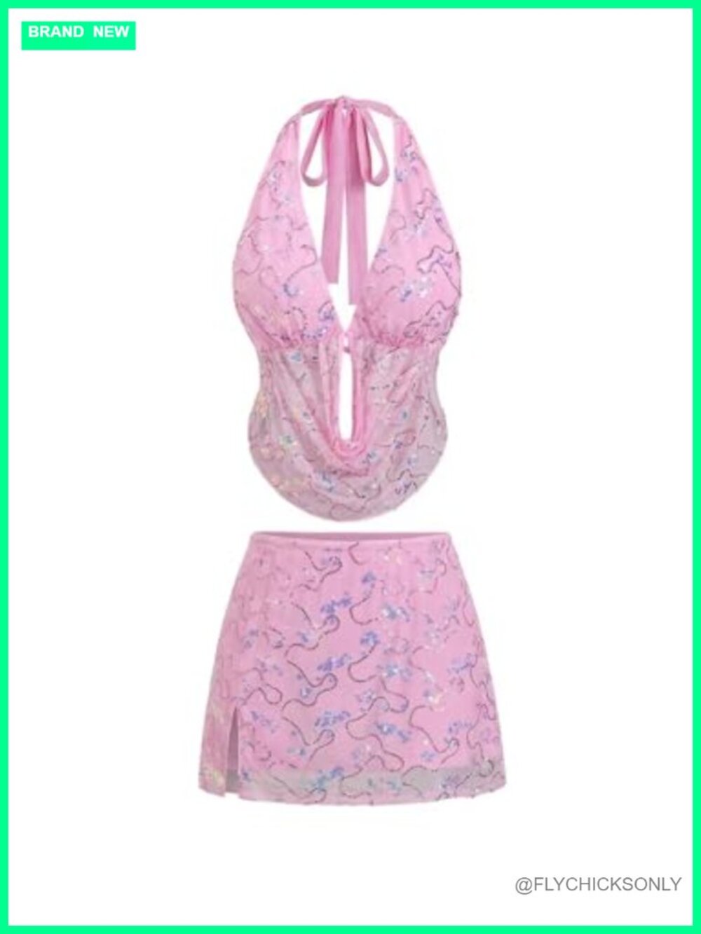 Sequin Draped Mesh Halter Top Mini Skirt Set Y2K Club Party